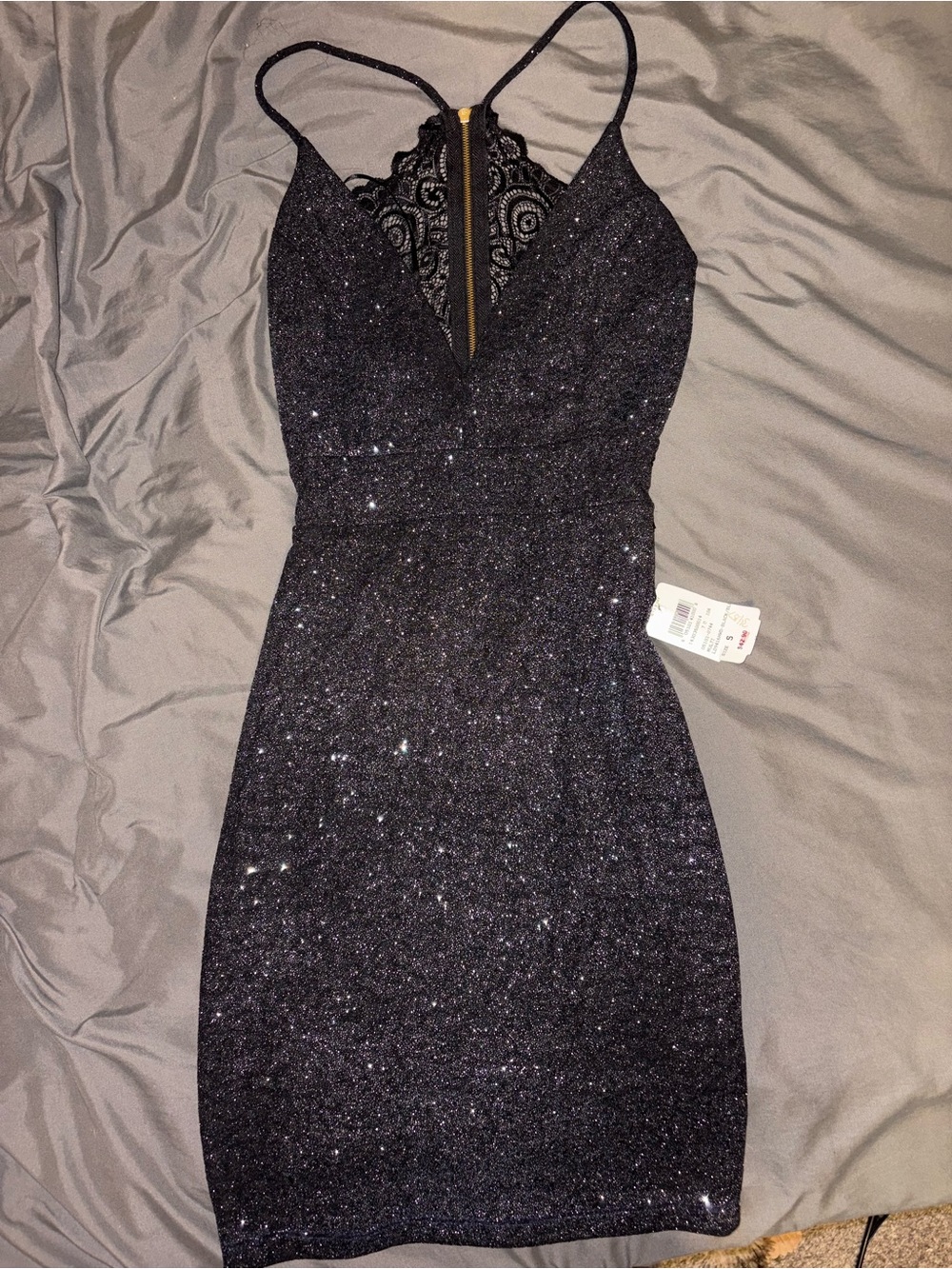 Windsor Black Glitter Lace-Back Mini Dress